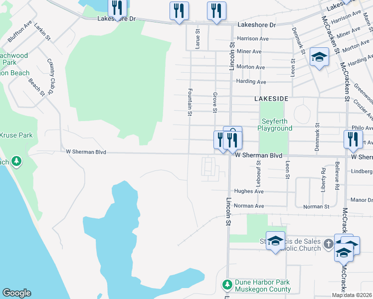 map of restaurants, bars, coffee shops, grocery stores, and more near 2550 West Sherman Boulevard in Muskegon