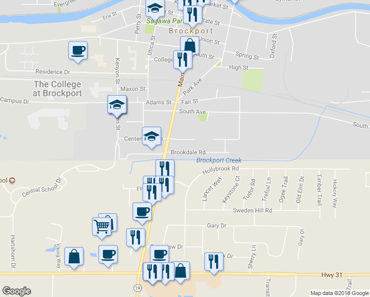 map of restaurants, bars, coffee shops, grocery stores, and more near 23 Brookdale Road in Brockport