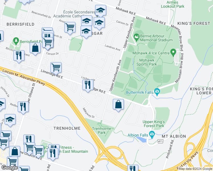 map of restaurants, bars, coffee shops, grocery stores, and more near 47 Townmansion Drive in Hamilton