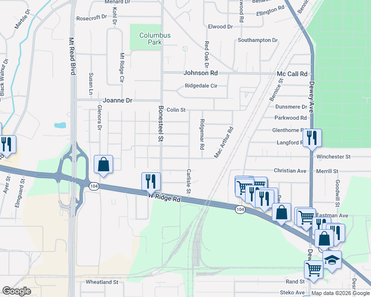 map of restaurants, bars, coffee shops, grocery stores, and more near 142 Carlisle Street in Rochester