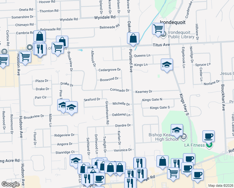 map of restaurants, bars, coffee shops, grocery stores, and more near 303 Coronado Drive in Rochester