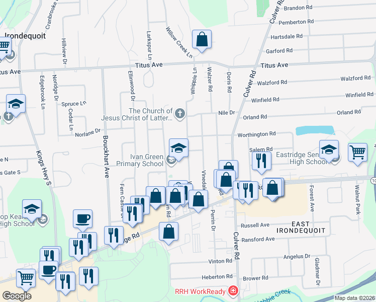 map of restaurants, bars, coffee shops, grocery stores, and more near Whipple Lane in Irondequoit