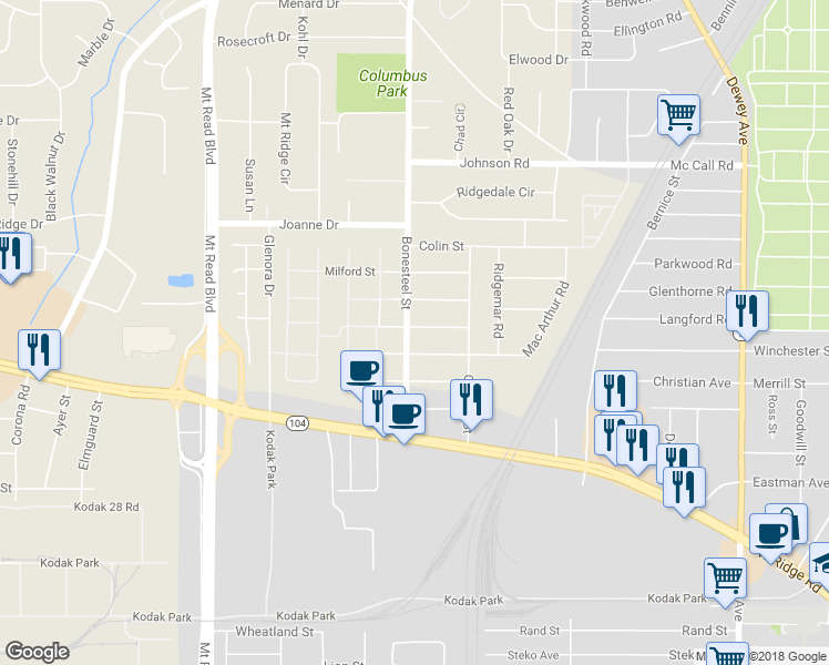 map of restaurants, bars, coffee shops, grocery stores, and more near 140 Bonesteel St in Rochester
