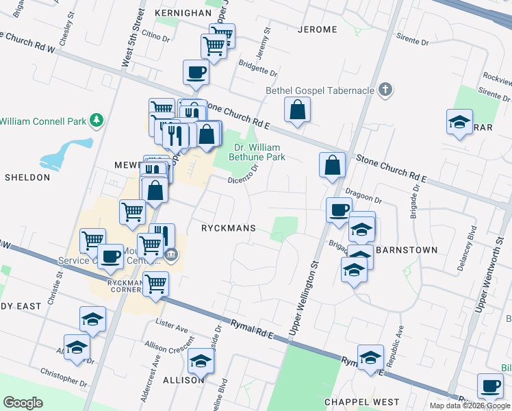 map of restaurants, bars, coffee shops, grocery stores, and more near 49 Aquasanta Crescent in Hamilton