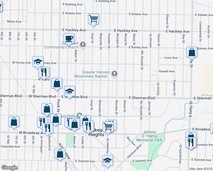 map of restaurants, bars, coffee shops, grocery stores, and more near 2522 Reynolds Street in Muskegon Heights