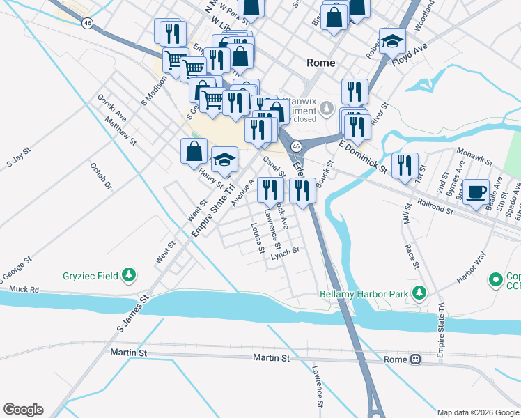 map of restaurants, bars, coffee shops, grocery stores, and more near 301 Depeyster Street in Rome
