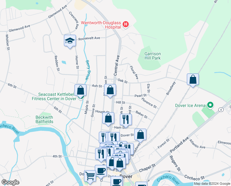 map of restaurants, bars, coffee shops, grocery stores, and more near 665 Central Avenue in Dover