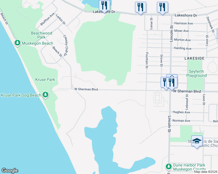 map of restaurants, bars, coffee shops, grocery stores, and more near 2550-2702 West Sherman Boulevard in Muskegon
