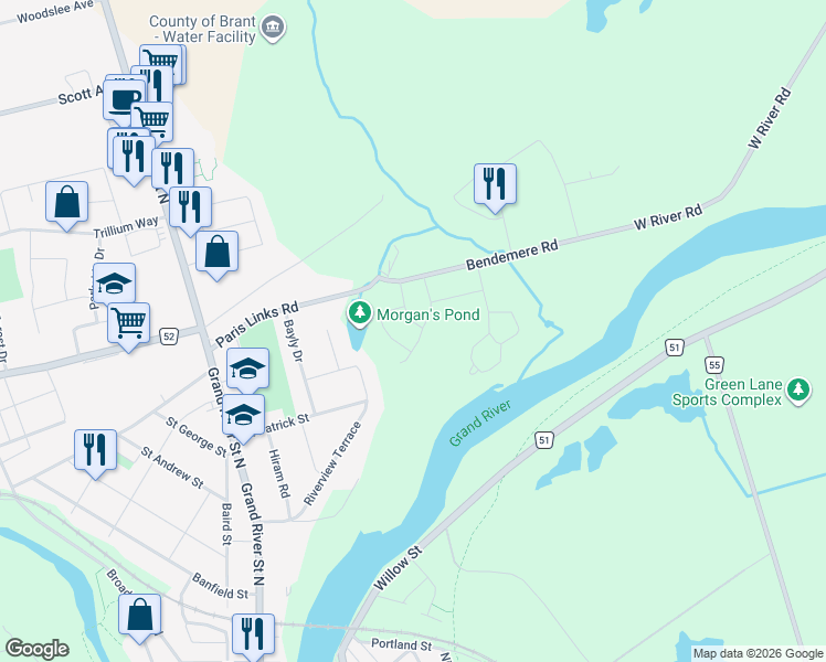 map of restaurants, bars, coffee shops, grocery stores, and more near 10 Charlton Drive in Brant