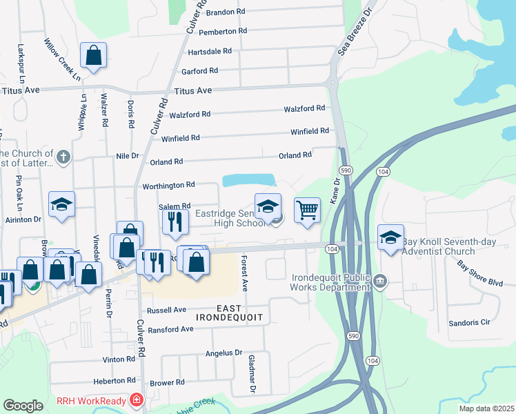 map of restaurants, bars, coffee shops, grocery stores, and more near 2350 East Ridge Road in Rochester