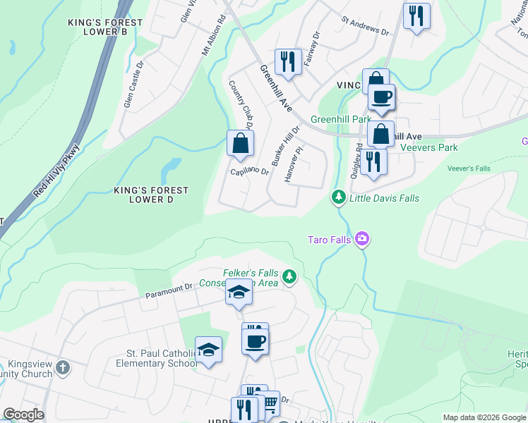 map of restaurants, bars, coffee shops, grocery stores, and more near 200 Country Club Drive in Hamilton