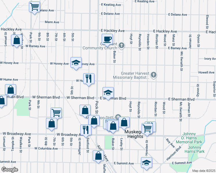 map of restaurants, bars, coffee shops, grocery stores, and more near 2521 Baker Street in Muskegon Heights