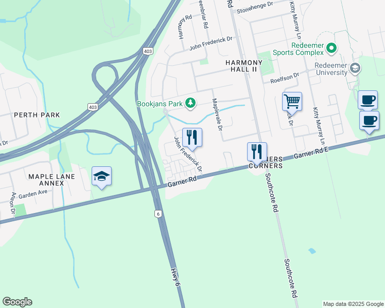 map of restaurants, bars, coffee shops, grocery stores, and more near 6 Shay Lane in Hamilton