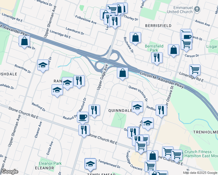 map of restaurants, bars, coffee shops, grocery stores, and more near 125 Queen Victoria Drive in Hamilton
