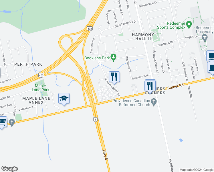 map of restaurants, bars, coffee shops, grocery stores, and more near 9 Dodman Crescent in Hamilton