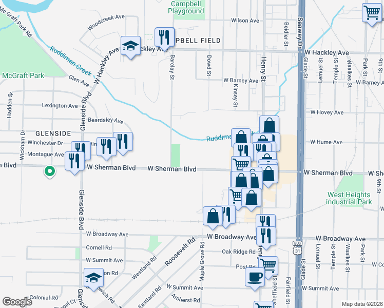 map of restaurants, bars, coffee shops, grocery stores, and more near 1054 West Sherman Boulevard in Muskegon
