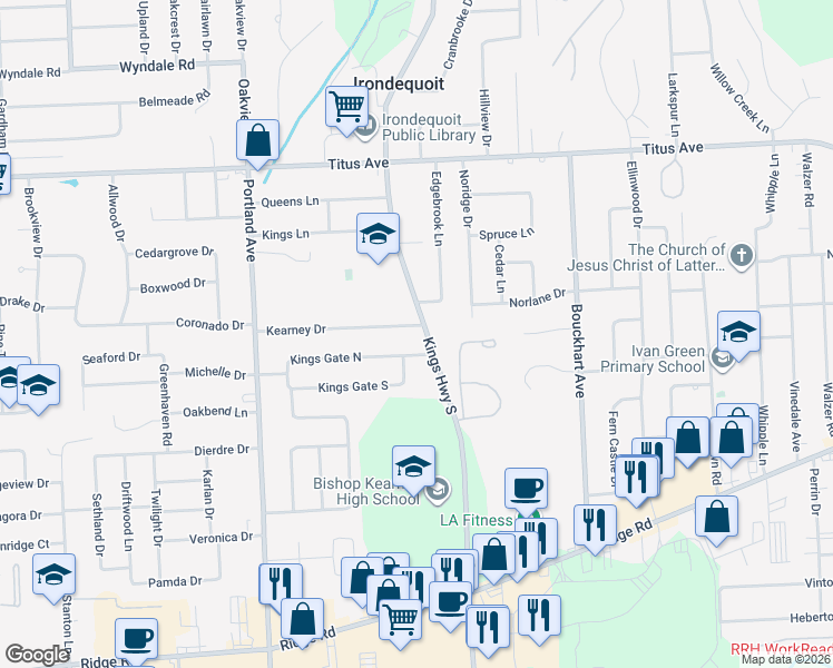 map of restaurants, bars, coffee shops, grocery stores, and more near in Irondequoit