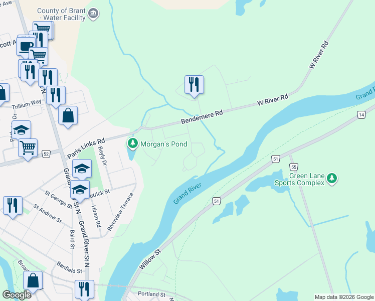 map of restaurants, bars, coffee shops, grocery stores, and more near in Brant