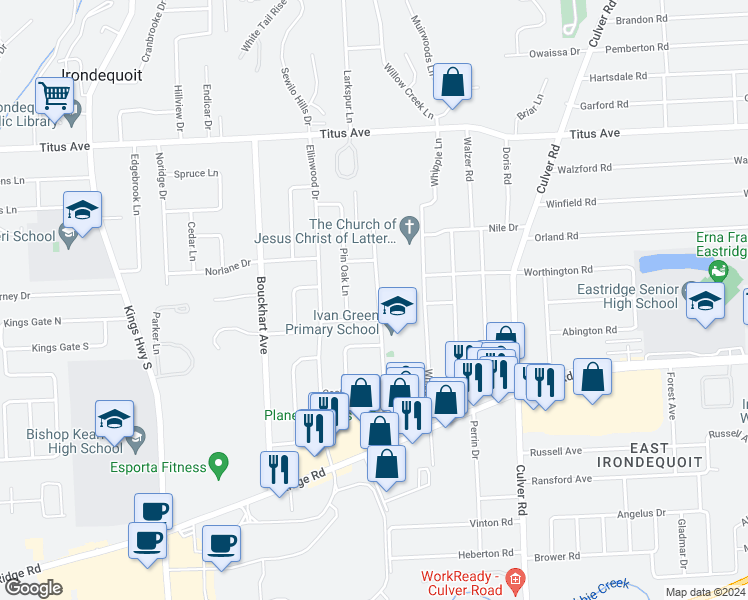 map of restaurants, bars, coffee shops, grocery stores, and more near 883 Brown Road in Rochester
