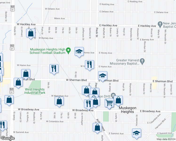 map of restaurants, bars, coffee shops, grocery stores, and more near 2513 Sanford Street in Muskegon Heights