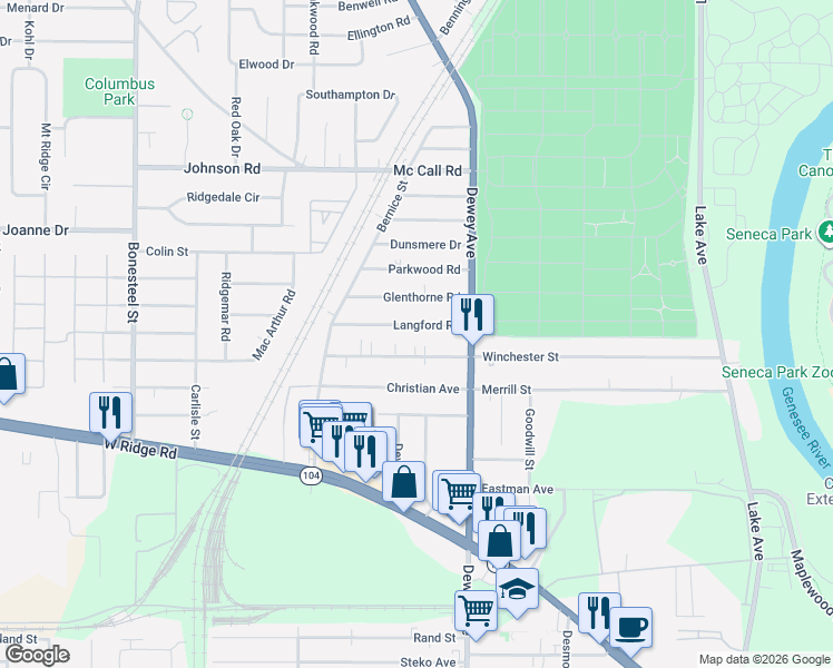 map of restaurants, bars, coffee shops, grocery stores, and more near 386 Winchester Street in Rochester