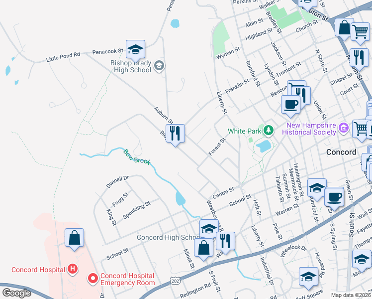 map of restaurants, bars, coffee shops, grocery stores, and more near 28 Ridge Road in Concord