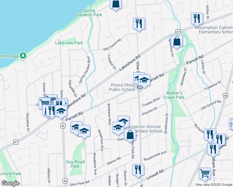 map of restaurants, bars, coffee shops, grocery stores, and more near 49 Parnell Road in Saint Catharines