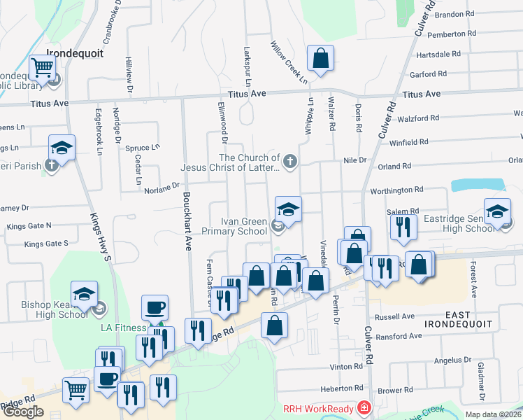 map of restaurants, bars, coffee shops, grocery stores, and more near 150 Airinton Drive in Irondequoit