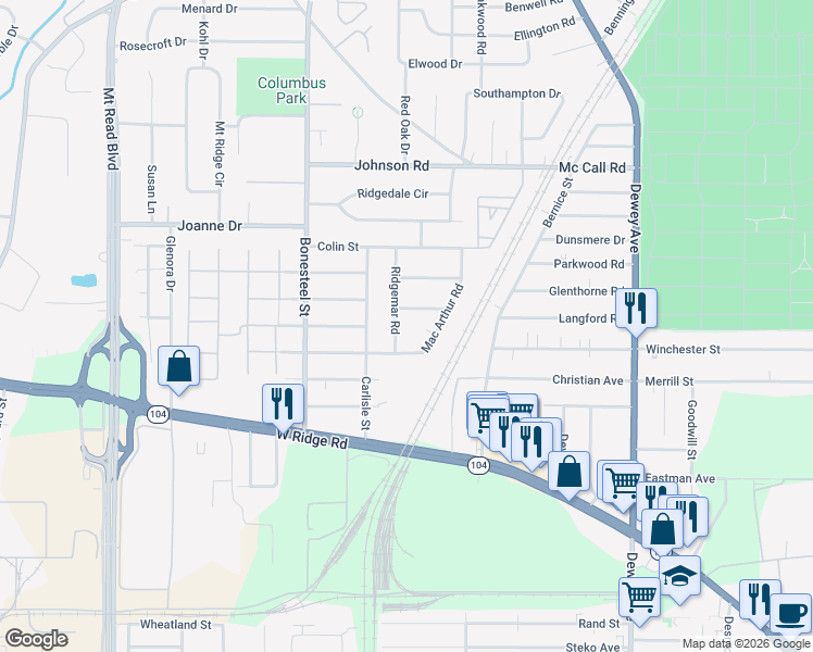 map of restaurants, bars, coffee shops, grocery stores, and more near 55 Mac Arthur Road in Rochester