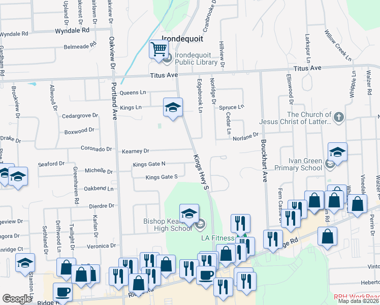 map of restaurants, bars, coffee shops, grocery stores, and more near in Irondequoit