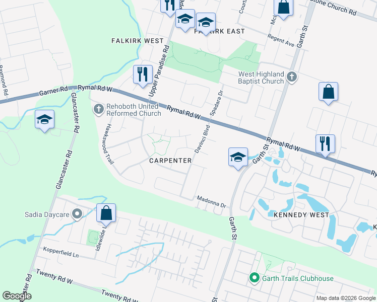map of restaurants, bars, coffee shops, grocery stores, and more near 83 Davinci Boulevard in Hamilton