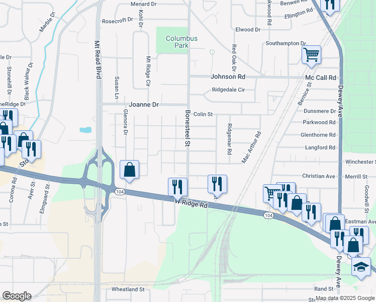map of restaurants, bars, coffee shops, grocery stores, and more near Bonesteel Street & Andover Street in Rochester