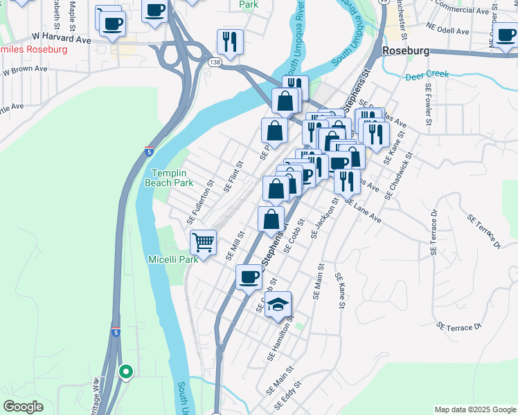 map of restaurants, bars, coffee shops, grocery stores, and more near 511 Southeast Woodward Avenue in Roseburg