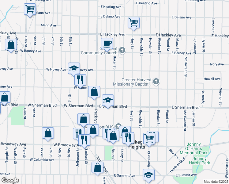 map of restaurants, bars, coffee shops, grocery stores, and more near 2521 Baker St in Muskegon Heights