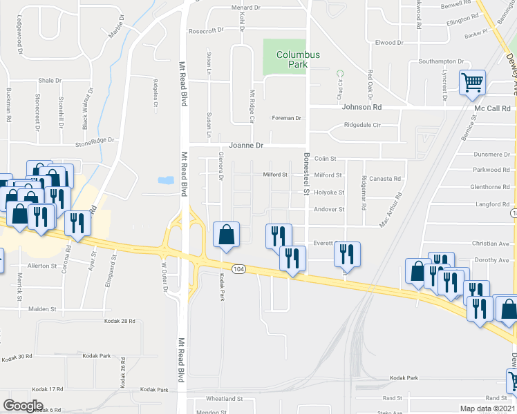 map of restaurants, bars, coffee shops, grocery stores, and more near 250 Milford Street in Greece