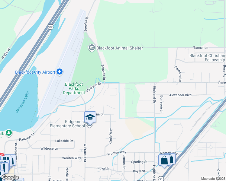 map of restaurants, bars, coffee shops, grocery stores, and more near 513 Gwen Loop in Blackfoot