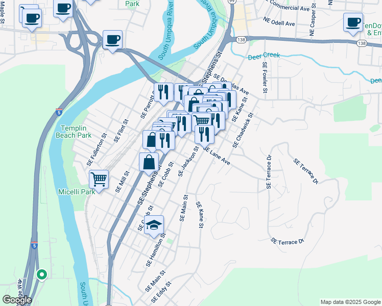 map of restaurants, bars, coffee shops, grocery stores, and more near 849 Southeast Mosher Avenue in Roseburg