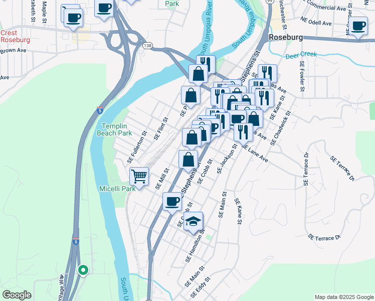 map of restaurants, bars, coffee shops, grocery stores, and more near 1003 Southeast Pine Street in Roseburg