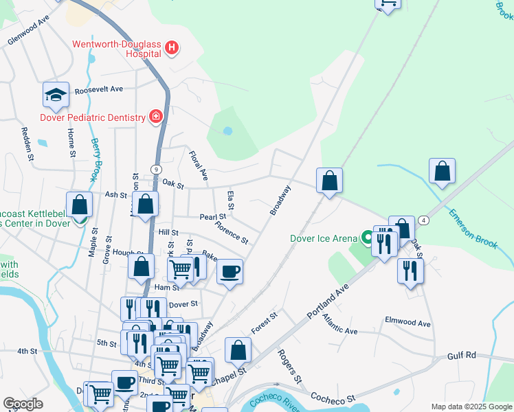 map of restaurants, bars, coffee shops, grocery stores, and more near 120 Broadway in Dover
