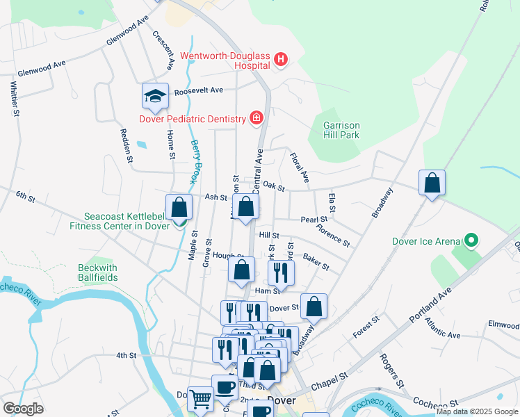 map of restaurants, bars, coffee shops, grocery stores, and more near 661 Central Avenue in Dover