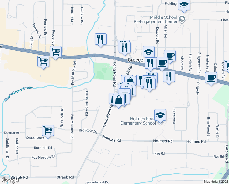 map of restaurants, bars, coffee shops, grocery stores, and more near 1311 Long Pond Road in Rochester