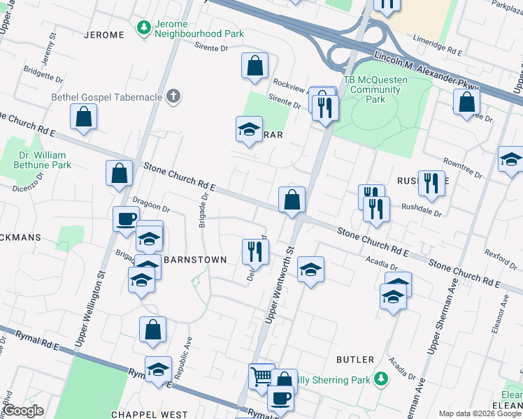 map of restaurants, bars, coffee shops, grocery stores, and more near 23 Mornington Drive in Hamilton