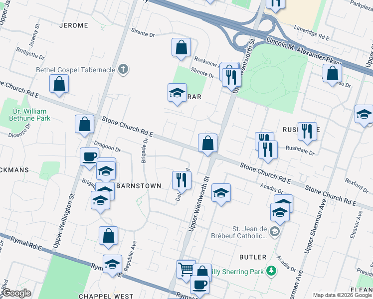 map of restaurants, bars, coffee shops, grocery stores, and more near 3 Mornington Drive in Hamilton