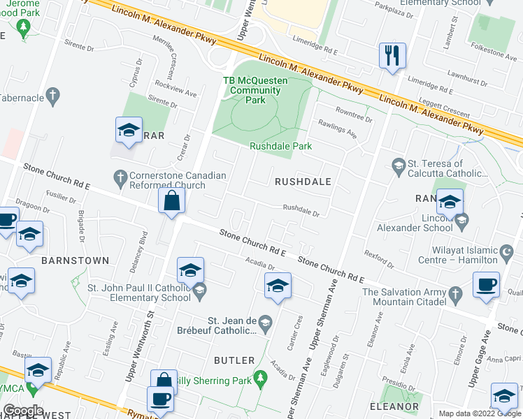 map of restaurants, bars, coffee shops, grocery stores, and more near 5 Redmond Drive in Hamilton