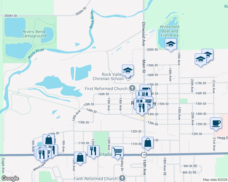 map of restaurants, bars, coffee shops, grocery stores, and more near 1501-1599 14th Avenue in Rock Valley