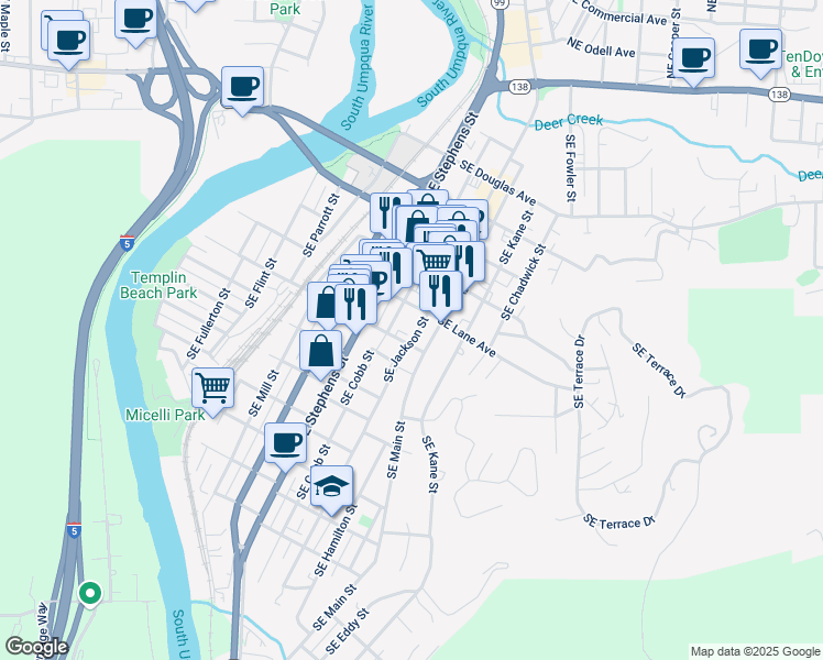 map of restaurants, bars, coffee shops, grocery stores, and more near 848 Southeast Jackson Street in Roseburg