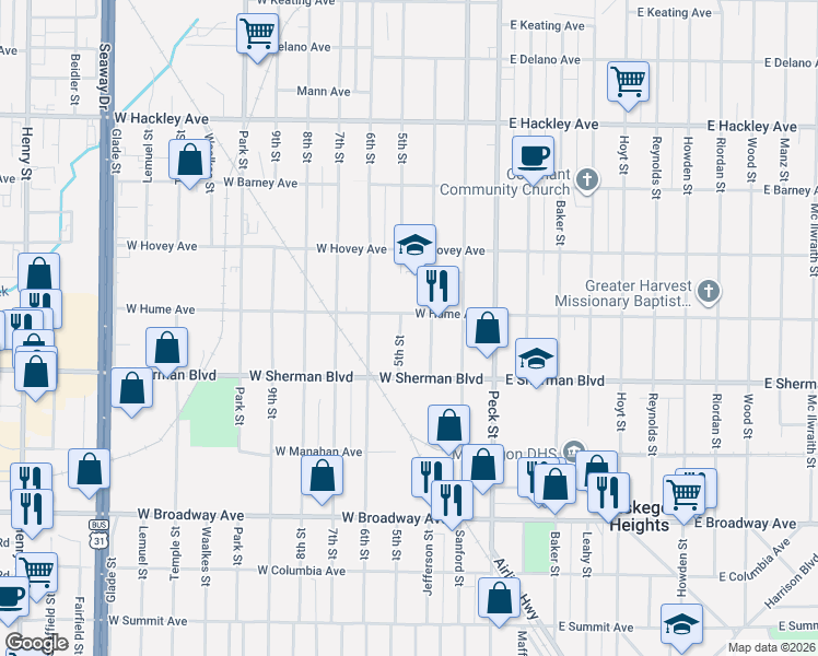 map of restaurants, bars, coffee shops, grocery stores, and more near 2525 5th Street in Muskegon Heights