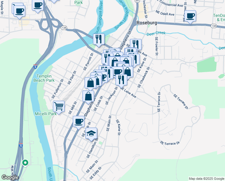 map of restaurants, bars, coffee shops, grocery stores, and more near 848 Southeast Jackson Street in Roseburg
