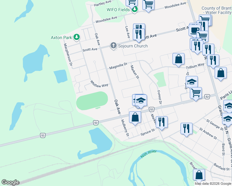 map of restaurants, bars, coffee shops, grocery stores, and more near 25 Oak Avenue in Brant