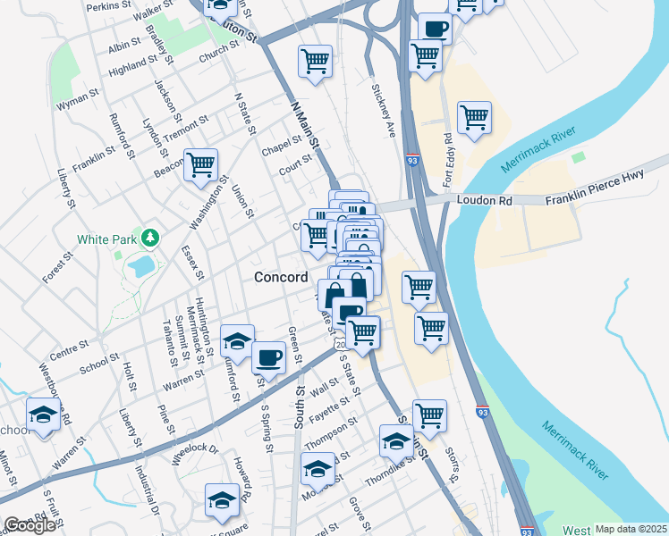 map of restaurants, bars, coffee shops, grocery stores, and more near 31 School Street in Concord